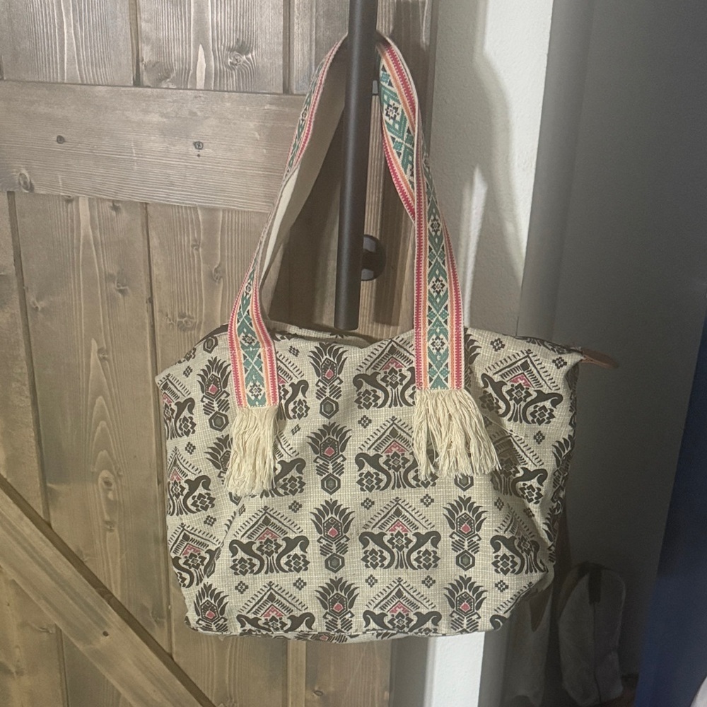 Massimo‎ Cream and Black Patterned Tote with Colorful Straps